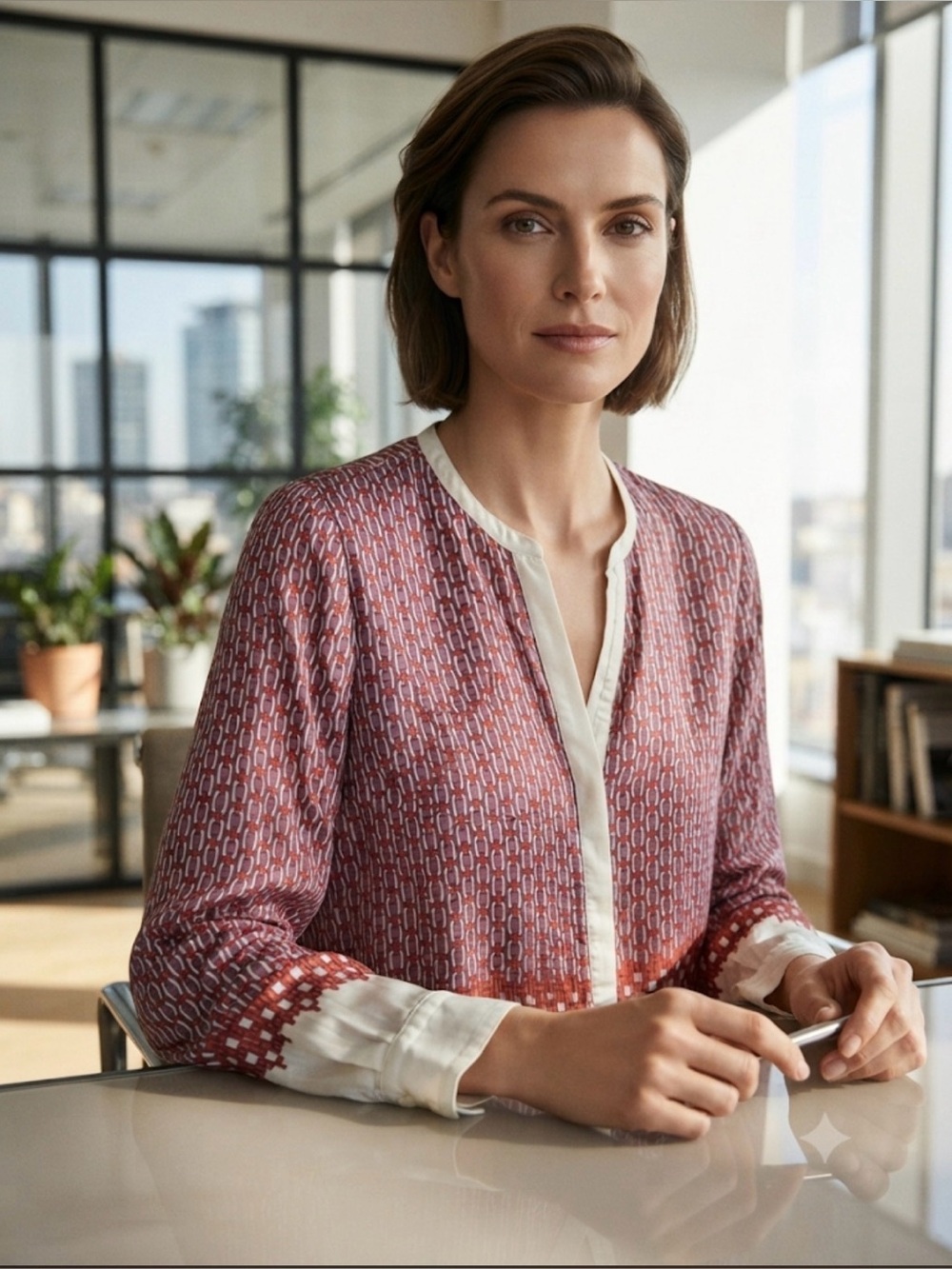Massimo Dutti Silk Burgundy Geometric Print Blouse with Cream Trim